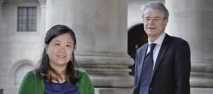 Dr Mindy Leow (left) with Professor Jonathan Crook, outside the Bank of England, London.