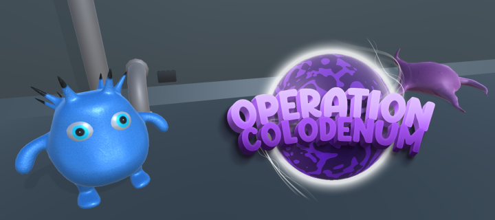 Small blue blob-like creature standing next to the words "operation colodenum"