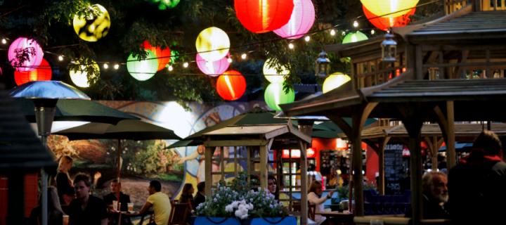 Tables and paper lanterns in George Square.