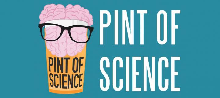 Pint of Science festival logo - an illustration of a pint glass with beer, containing a pink brain on top wearing glasses.