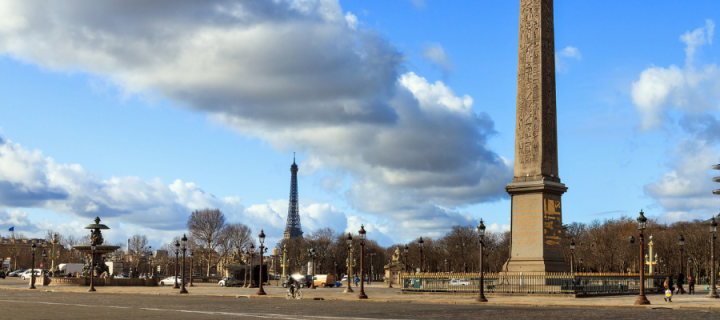 A view of the Eiffel Tower and Luxor Obelisk from Place de la Concorde in Paris