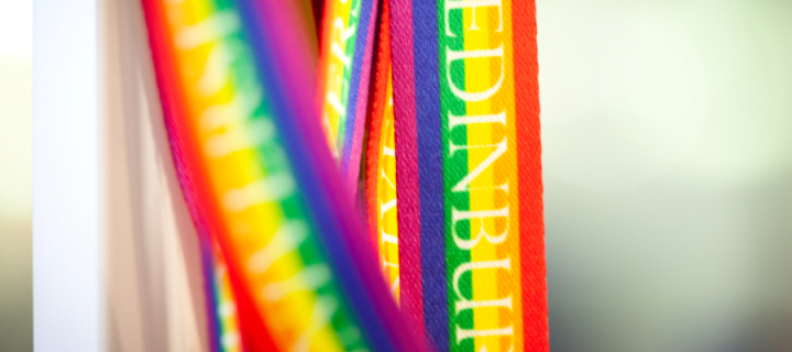 Colour photo of the University of Edinburgh rainbow lanyard