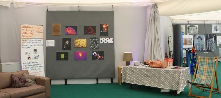 A pop-up gallery showing different images of Proteus science displayed on a wall, alongside an interactive exhibit.
