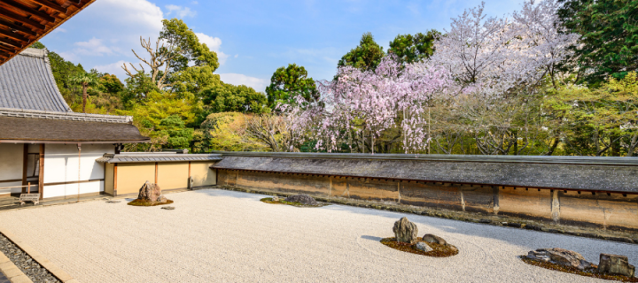 The Ryoan-ji Temple zen rock garden in Kyoto, Japan, in spring