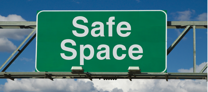 Text "safe space" shown in a road-sign style