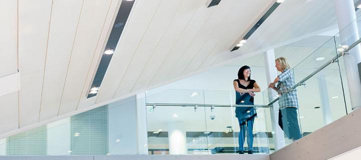 Photo of staff members talking on stairs