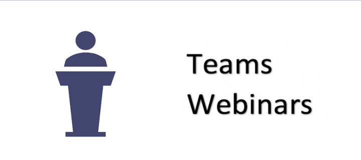 Associated image for teams webinar showing teams webinar in text with an icon of a speaker at a podium