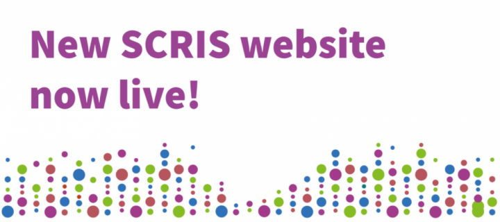 Multicoloured dots rising from the bottom with the text ‘New SCRIS website now live!’