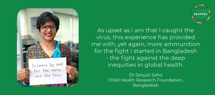 Dr Senjuti Saha is pictured holding a card saying 'Sciences by and for the many, not the few.'