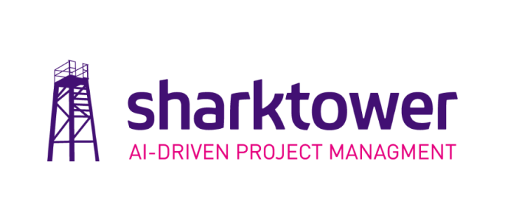 Sharktower written in purple with a white background