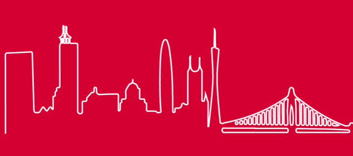 White outline of Guangzhou skyline on red background