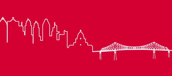 White outline of Montreal skyline on red background