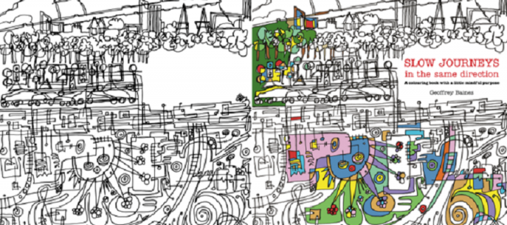 Photograph of front and back cover of Slow Journeys in the same direction colouring book. 