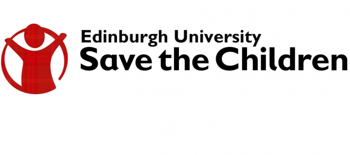Edinburgh University Save the Children  Society logo: black text on a white background. To the left of the text is a red silhoue