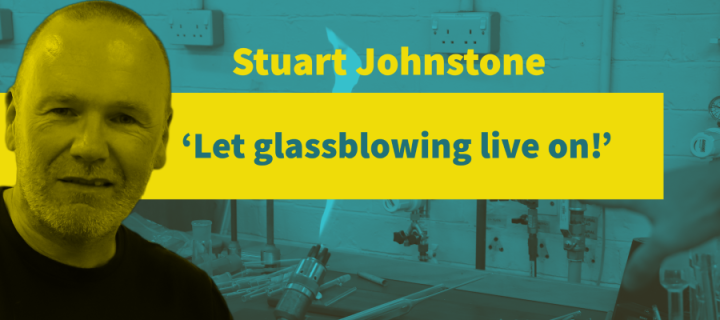 image of a man with 'let glassblowing live on' to his side