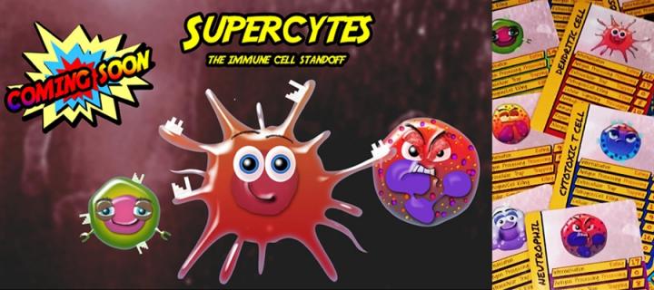 Cartoon cell characters from the educational card game Supercytes