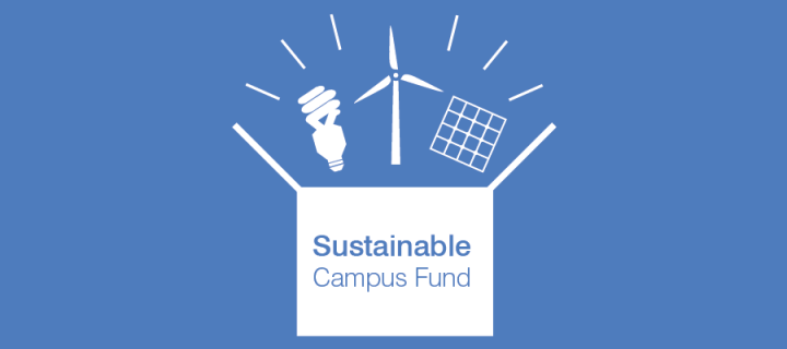 Sustainable campus fund graphic - sustainable technologies  coming out of a box labelled 'Sustainable Campus Fund'
