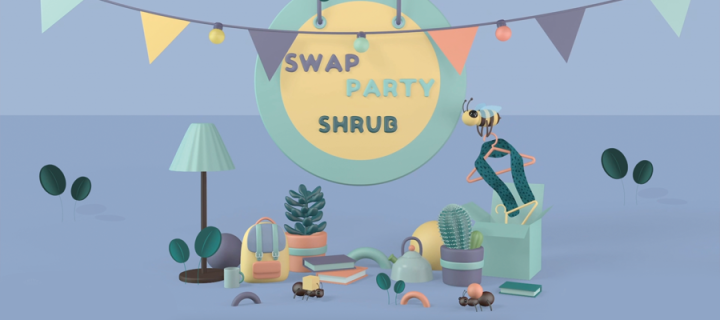 Swap, party, shrub. Cute illustration with bee carrying scarf swap shop find.
