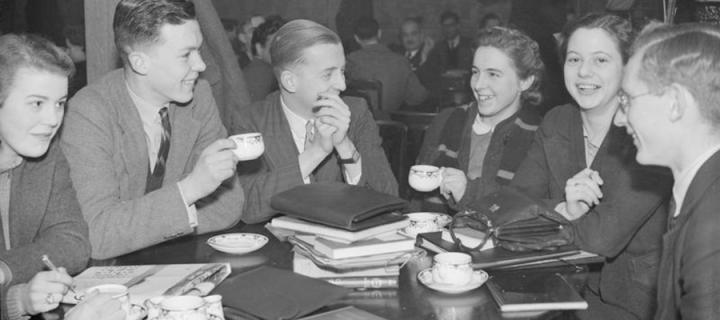 King's College London students evacuated to Bristol in 1940 enjoy a a cup of tea or coffee in a cafe.