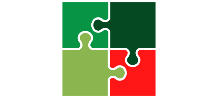 Four pieces of a jigsaw fitting together in shades of green and red