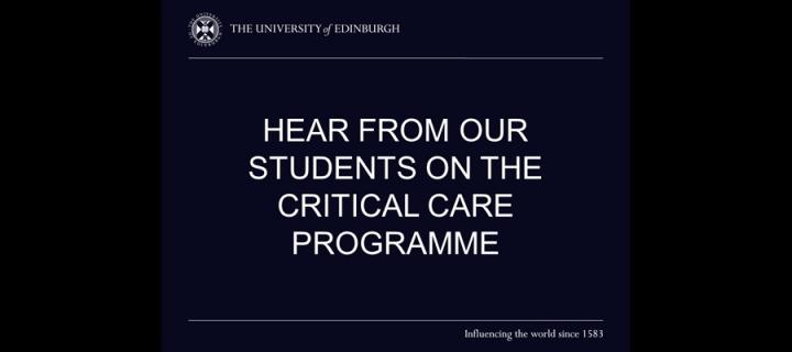 Text on black background, Hear from our students on the MSc in critical Care