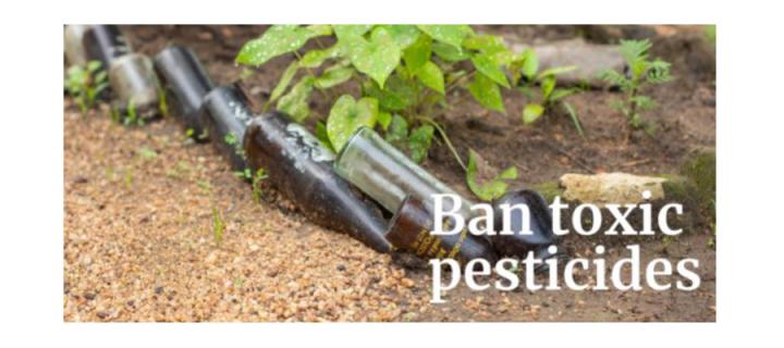 Ban toxic pesticides text on image of a field