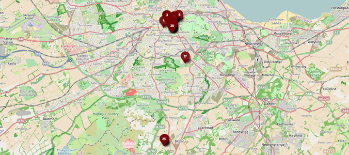 Map of Edinburgh with multiple numbered location pins