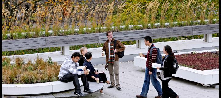 groups of people gathering outside on paved landscaped area