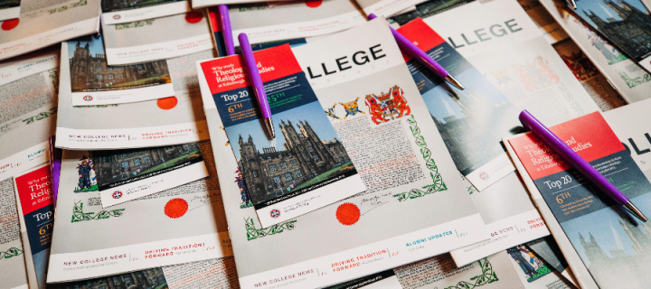 Colour photo of the New College Magazine and School of Divinity flyers held together by a purple pen