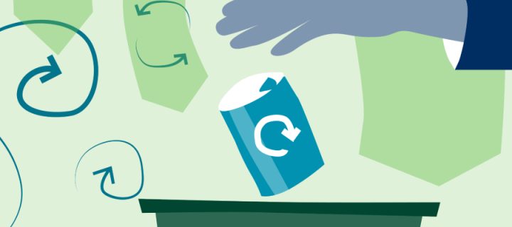 Illustration of hand dropping can into recycling bin