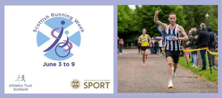 Scottish Running Week, Scottish Athletic Trust and UoE Sport Logo with a purple frame and image of runner 