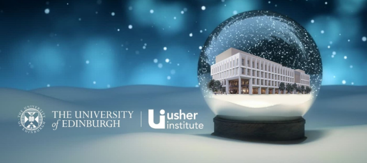 The University of Edinburgh | Usher Institute | Festive Calendar 2023 snow globe showing Usher building