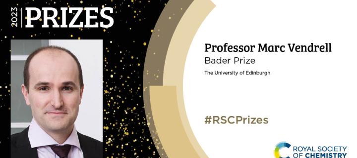 Headshot of Marc Vendrell next to the words "2023 Prizes - Professor Marc Vendrell, Bader Prize, University of Edinburgh"