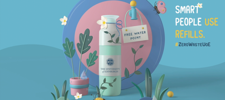 Smart people use refills, hashtag ZeroWasteUoE. Free water point sign. Reusable water bottle. Cute illustration.
