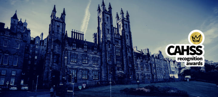 Photo of the outside of the New College Building with a blue filter added. The CAHSS Recognition Awards logo is added on top