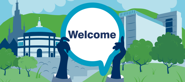 Hands holding 'Welcome' sign, University buildings in the background. Illustration.