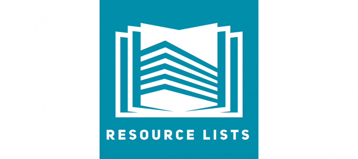 Resource Lists logo - shows a graphic of a white book open at the central pages, on a teal background. 