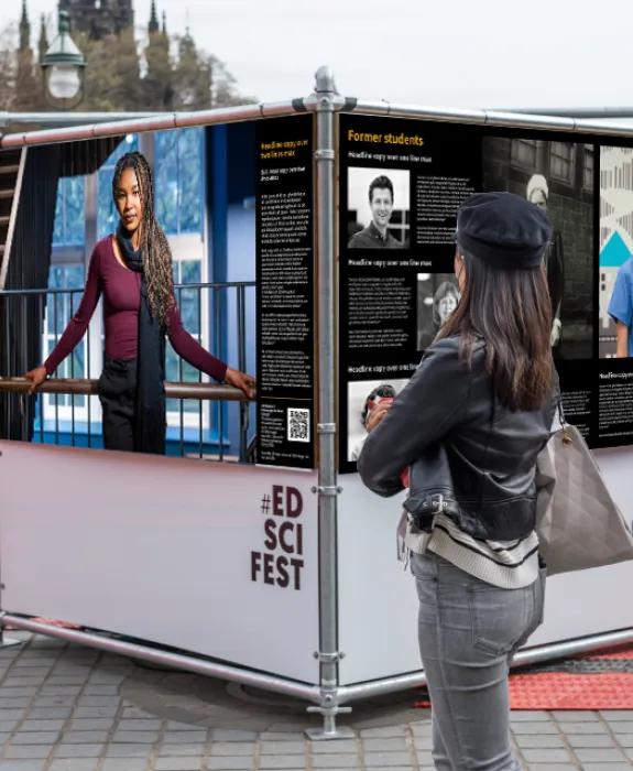 a mock up of photo panels featuring some of the faces of the Edinburgh Medical School 300 project at Edinburgh Mound Precinct