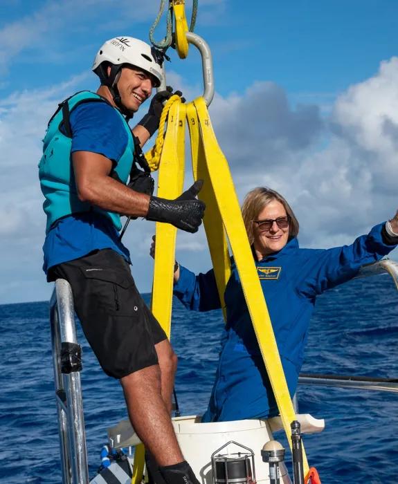 Dr Kathy Sullivan standing on the Challenger Deep capsule