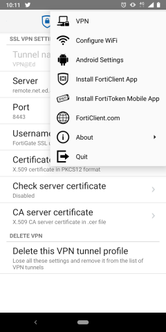 FortiClient VPN - Menu