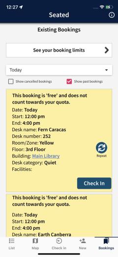 seated app check in existing bookings