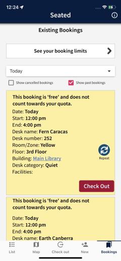 seated app check out existing bookings