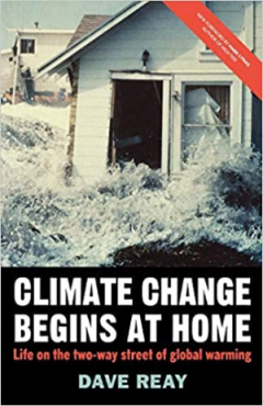 Book cover showing a timber house immersed in ocean waves for 'Climate change begins at home'