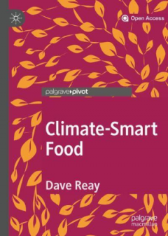Book cover with red and orange leaf graphic design for 'climate smart food'