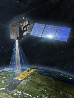 Artist graphic of European Space Agency 'COM2' satellite in space orbiting the Earth and highlighting crops