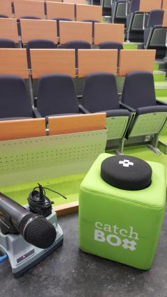 Image of Catchbox microphone in lecture theatre