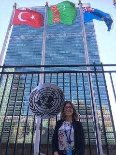 Edinburgh researcher outside the United Nations Headquarters in NYC