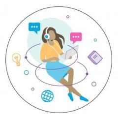 A cartoon image of a woman sitting down on a laptop, circling her are icons representing text boxes, the worldwide web logo, a book and a lighbulb