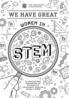 'We have great women in STEM' front cover featuring an illustration of a hand holding a magnifying glass and science icons
