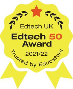 Edtech 50 Award logo, a yellow badge with red and black text on it which reads "Edtech UK Edtech 50 Award 2021/22 Trusted by Educators"